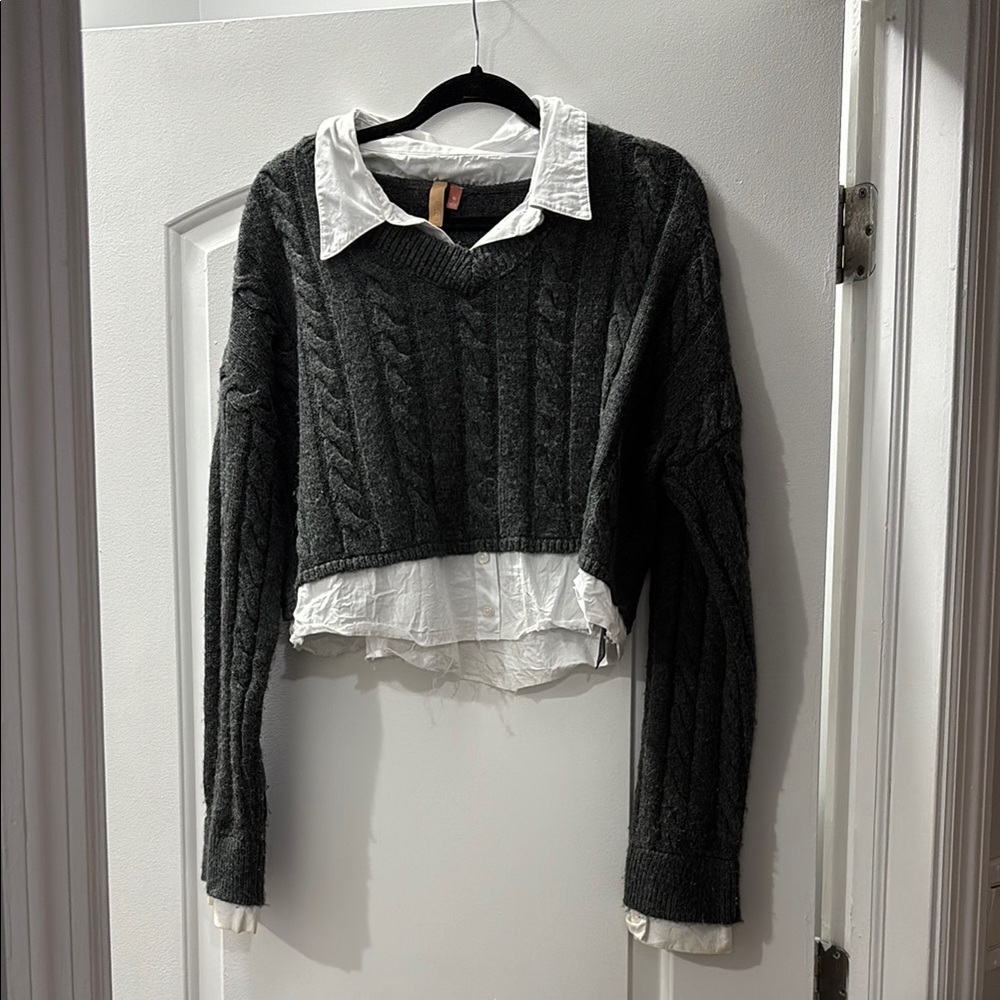 Pilcro Gray Cable Knit Sweater with White Collar